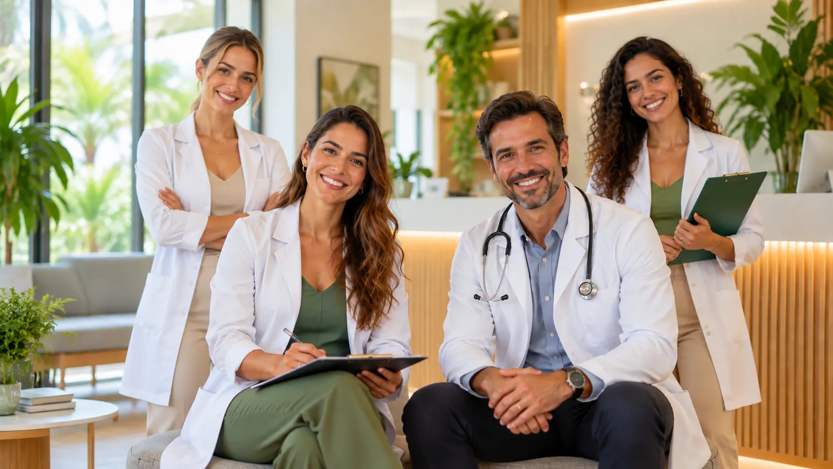 Equipe de nutricionistas e médico na recepção de uma clínica.