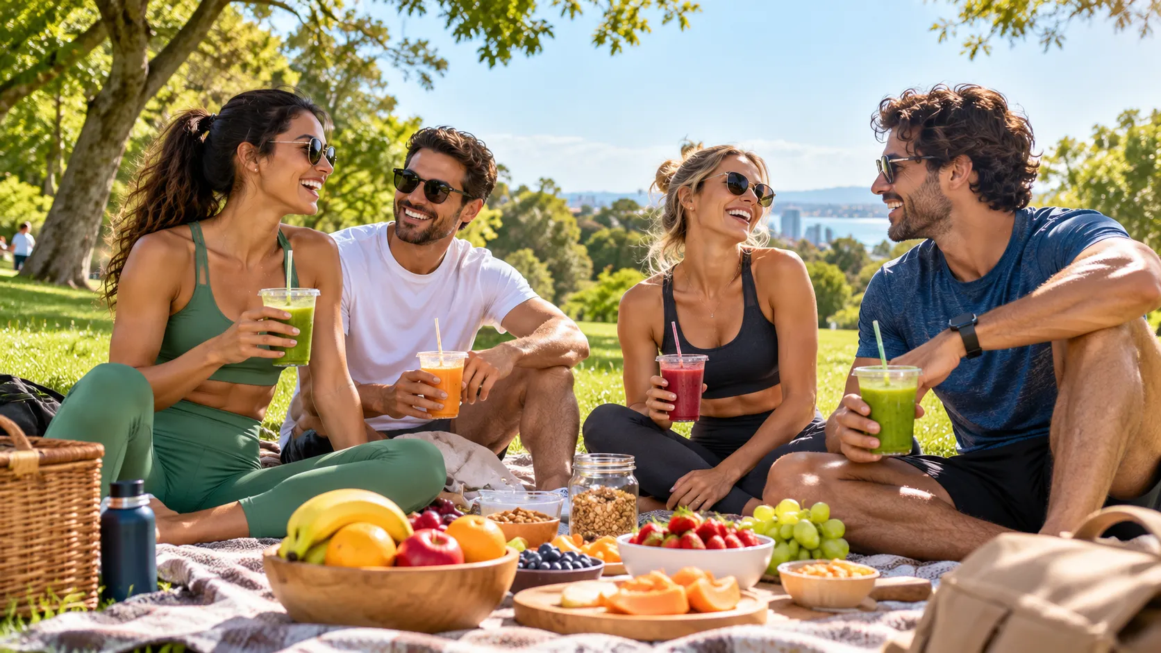 Amigos num piquenique colorido com frutas e sucos num parque ensolarado.