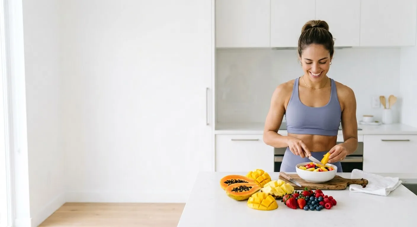 Mulher sorrindo enquanto prepara uma tigela de frutas numa cozinha ensolarada.